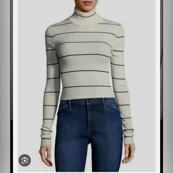 Theory Sweaters - Theory Merino Wool Striped Turtleneck Sweater Medium Crop Navy Ivory